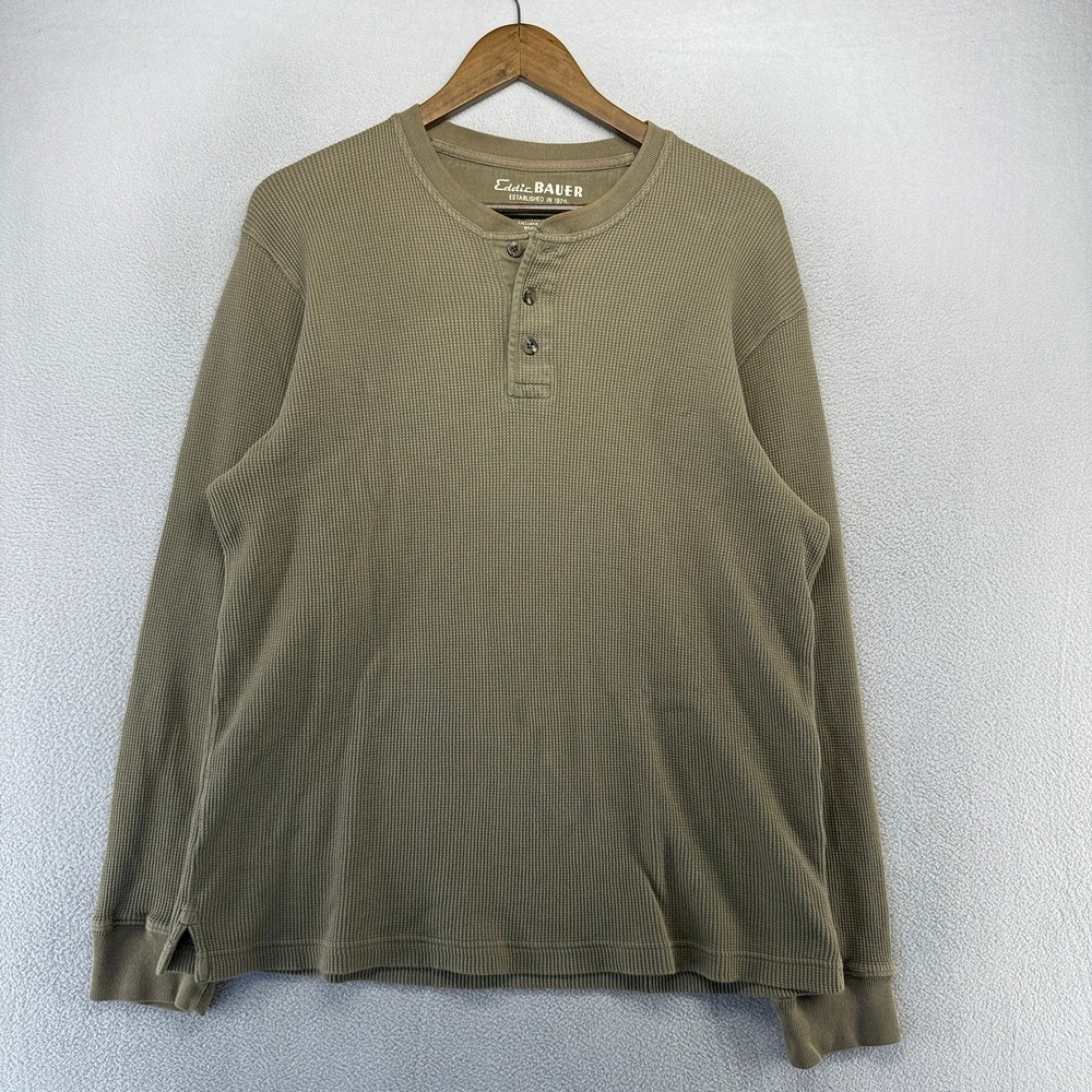 Eddie Bauer Thermal Shirt Mens Medium Green Waffle Knit Faded Muscle Vintage y2k